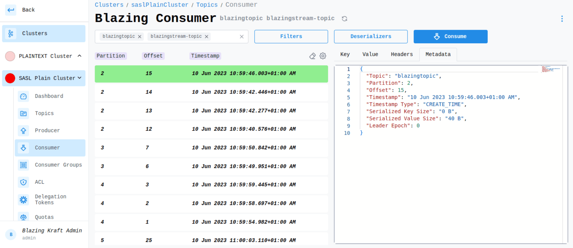 Kafka Consumer Data