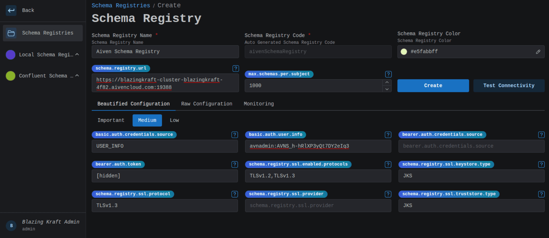 Schema Registry Aiven Main Configuration Image