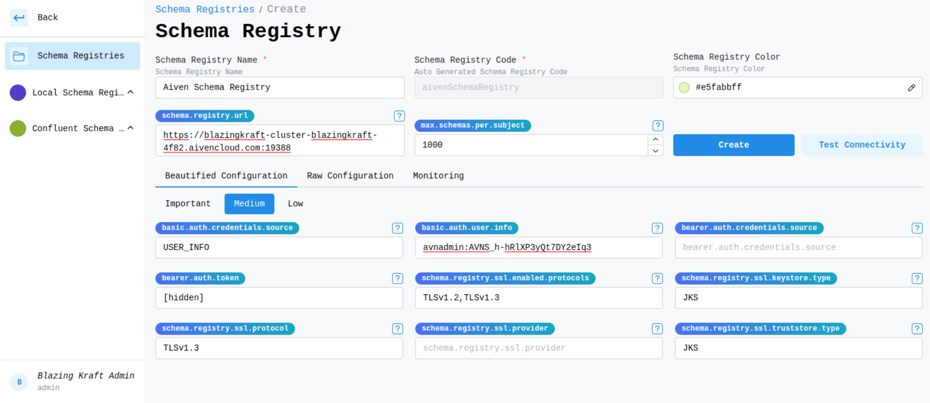 Schema Registry Aiven Main Configuration Image