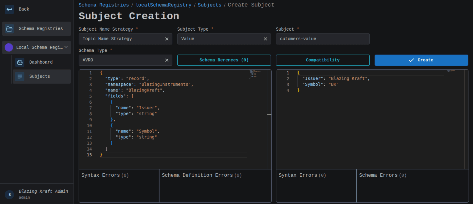 Schema Registry Create Subject AVRO Image