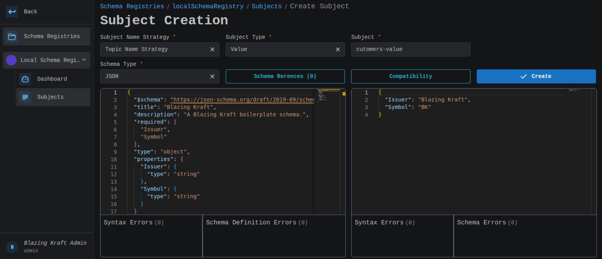 Schema Registry Create Subject JSON Image