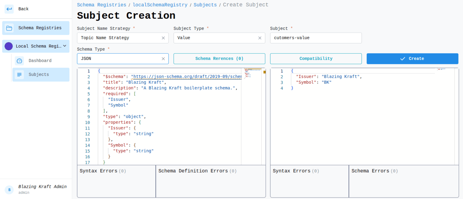 Schema Registry Create Subject JSON Image