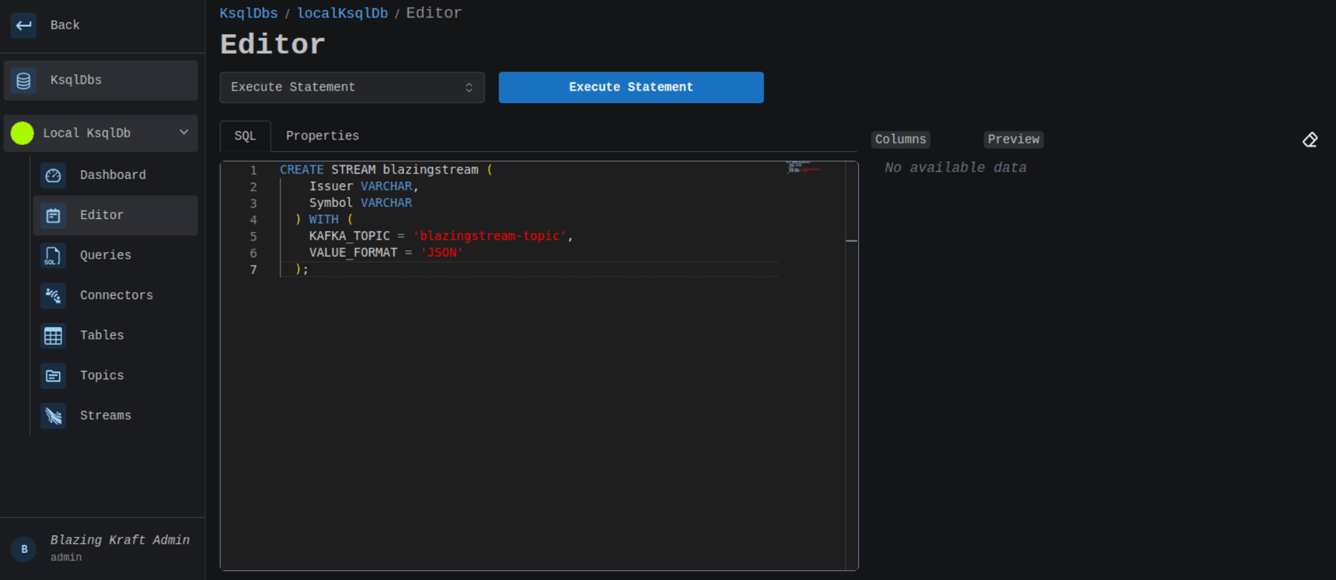 KsqlDB Editor Execute Statement Image