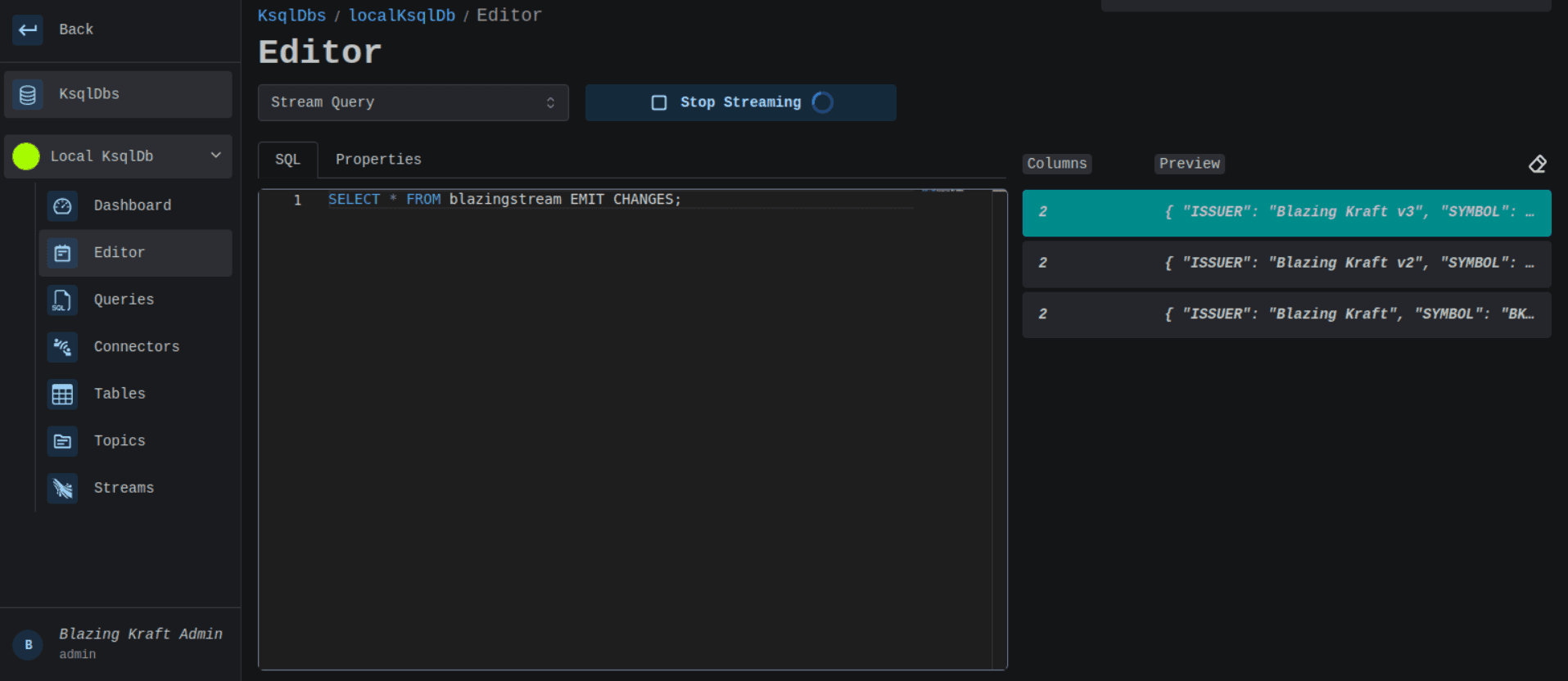 KsqlDB Editor Stream Query Image