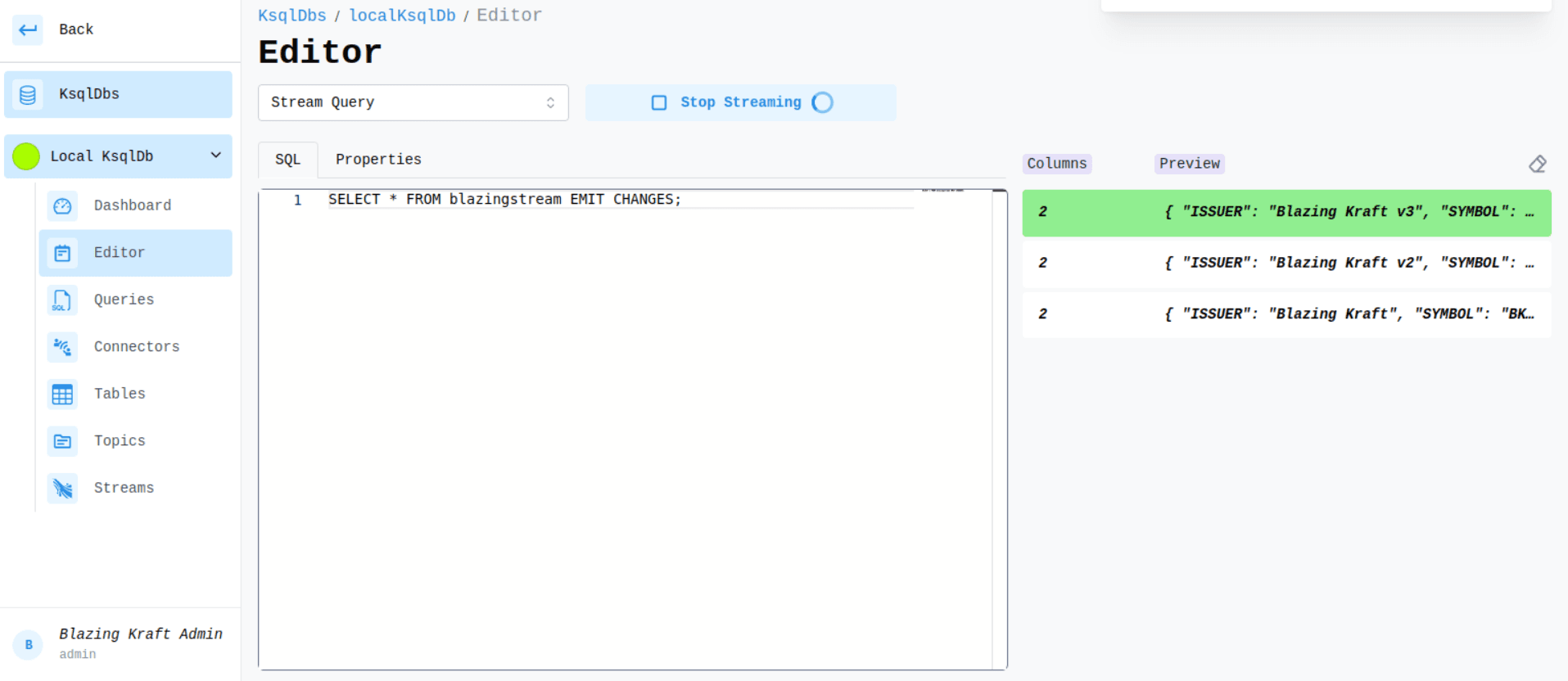 KsqlDB Editor Stream Query Image