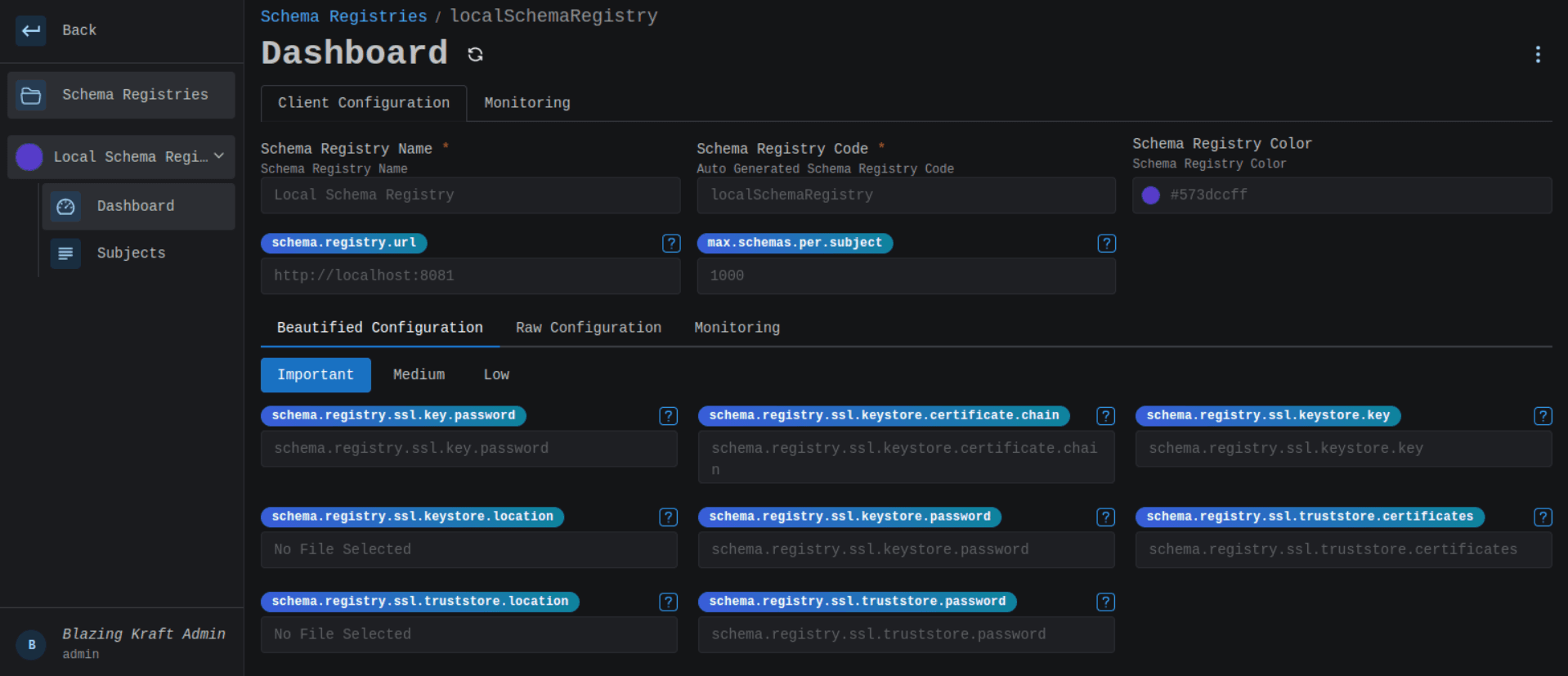 Schema Registry Dashboard Client Configuration Image