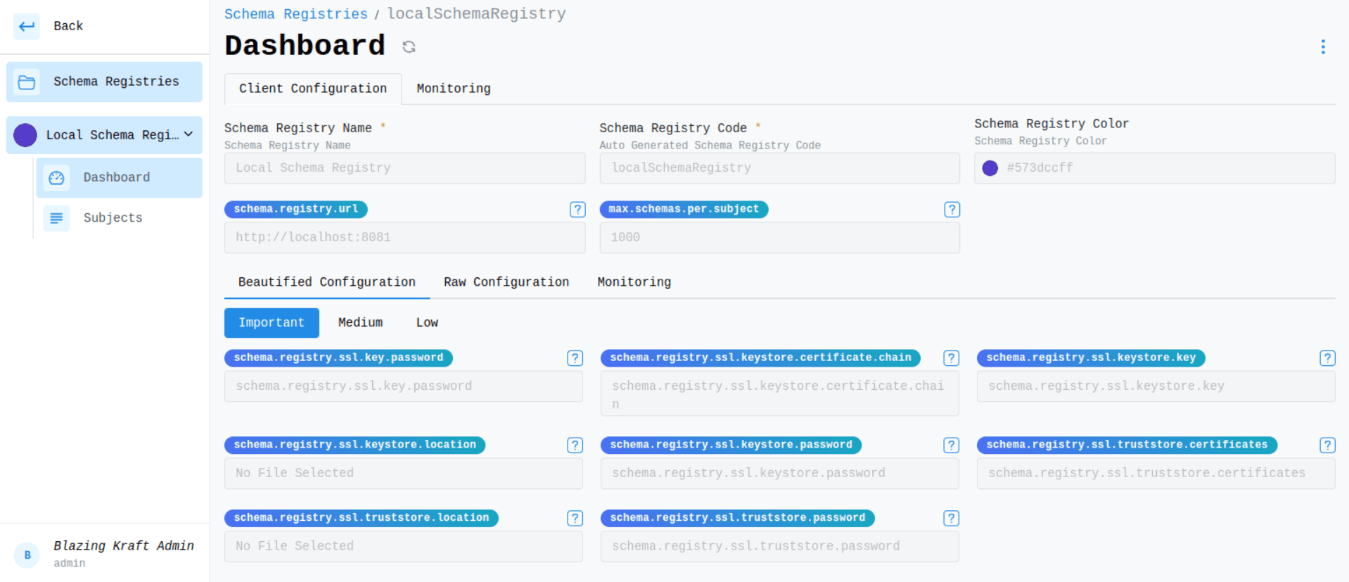 Schema Registry Dashboard Client Configuration Image